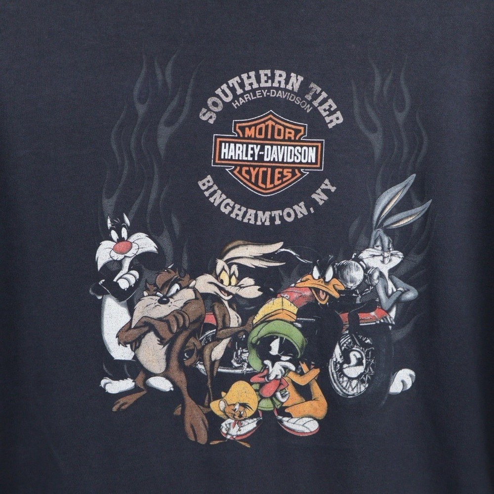 VTG Harley Motorcycle Biker T-Shirt Taz Looney Tunes Double Graphic Fade XL - Picture 7 of 13